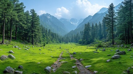 Sticker - Serene Mountain Valley with Lush Greenery and a Winding Path