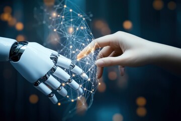 AI, Machine learning, Hands of robot and human touch on big data network connection of brain AI, Data exchange, deep learning,with generative ai