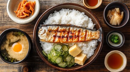 Traditional Japanese breakfast with grilled fish, rice, miso soup, and pickles, Japanese food, balanced meal