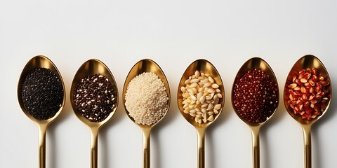 Various grains, such as barley, quinoa, millet, Job's tears, and bulgur wheat, are displayed on a golden brass spoon against a white background (7)