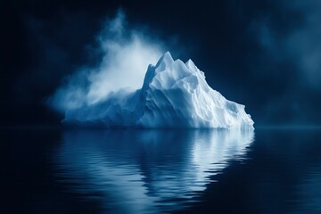 An abstract closeup photo of a beautiful sculpted iceberg floating in the ocean at night. the ocean water in calm, casting a mirror reflection of the iceberg. with generative ai