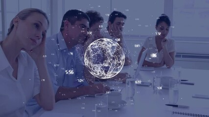 Canvas Print - Animation of data processing and globe over diverse colleagues working in office