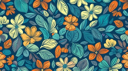 Wall Mural - Seamless floral pattern with yellow, orange, and white flowers and green leaves on a dark blue background.