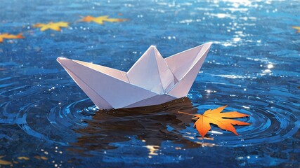 Cartoon drawing of a white paper boat floating on blue water surface with fallen orange maple leaf.