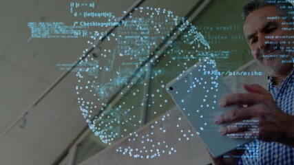 Sticker - Holding tablet, man with code and digital sphere animation over him