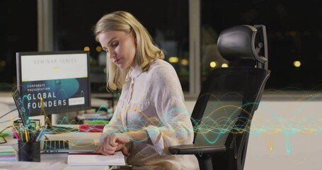 Poster - Working at desk, woman with computer and charts, sound waves animation over scene