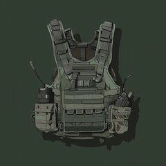 Tactical Vest Illustration with Radio and Utility Pouches
