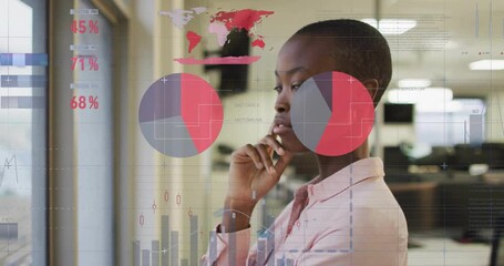 Poster - Businesswoman analyzing data charts and graphs, financial data processing animation