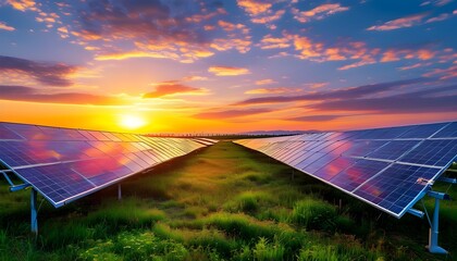 Sunset over fields of solar panels, powering a sustainable future with alternative energy solutions