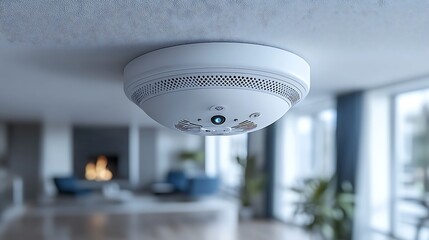 A white smoke detector is installed on the ceiling of a modern living room.