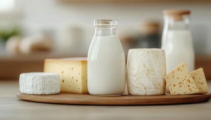 NonGMO organic dairy products, fresh milk and cheese, 3D illustration