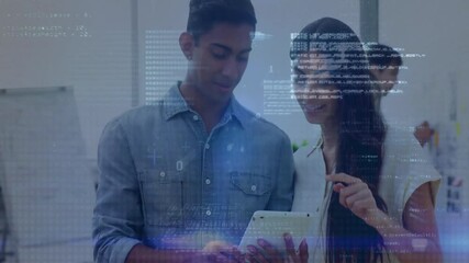 Programming code animation over diverse colleagues collaborating on tablet