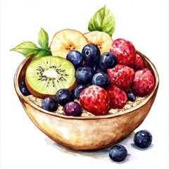 Wall Mural - A vibrant bowl of fresh fruit, featuring kiwi, blueberries, raspberries, and banana slices, perfect for healthy eating.