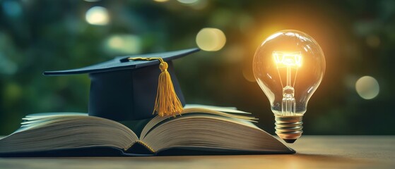 graduation cap, open book, and glowing light bulb