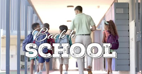 Sticker - Animation of back to school text over diverse schoolchildren walking with male teacher