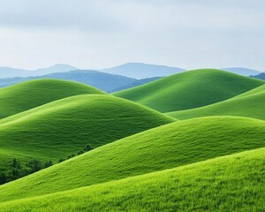 A rolling landscape of hills covered in dense green grass, representing the vastness and beauty of natural ground cover, grassy hills, expansive green