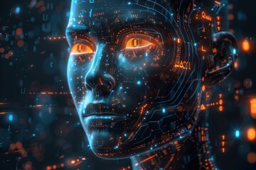 Wall Mural - A digital rendering of a human face with glowing orange eyes, surrounded by circuit boards and data streams.