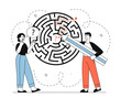© Aleksey - People with labyrinth. Woman and man with huge pencil work out path and solution to puzzle. Challenge and achievement, dilemma. Linear vector illustration