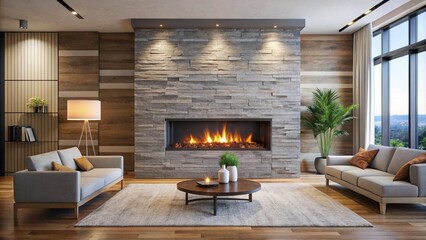 a sleek, modern fireplace with stone panels and a minimalist aesthetic warms up the room, fostering 