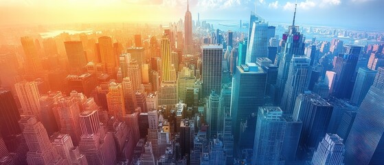 Canvas Print - Aerial View of Manhattan Skyline with Golden Hour and Blue Hour Lighting