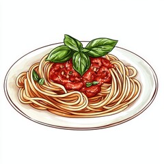 Delicious plate of spaghetti topped with rich tomato sauce and fresh basil, perfect for culinary art and food photography.