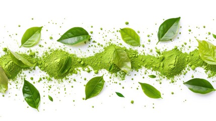 A line of green matcha powder with scattered leaves on a white background.