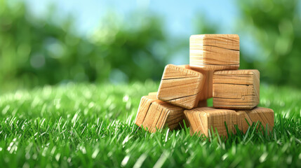 Poster - Charming wooden blocks on vibrant grass create the perfect backdrop for your unique message or creative design.