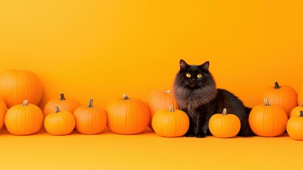 Canvas Print - A majestic longhaired black cat sits among vibrant orange pumpkins, perfectly capturing the Halloween spirit.