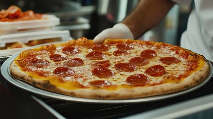 Close-up of a freshly baked pepperoni pizza