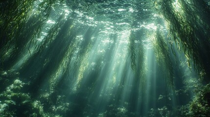 Underwater Sunlight Illuminating Seaweed Forest