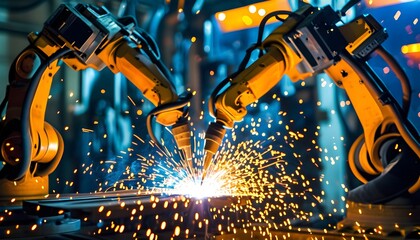 Dynamic robotic arm welding in a bright industrial factory, showcasing precision and efficiency with sparks illuminating the modern setting.