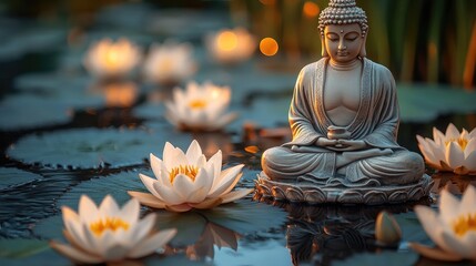 Poster - Buddha Statue Surrounded by Water Lilies