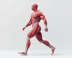 3D illustration of a human muscular anatomy model walking, showing detailed muscles and structure for educational use.