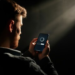 Wall Mural - Man holding smartphone, loading progress bar icon, technology concept, digital download, dark background with dramatic lighting, close-up of hands and mobile device