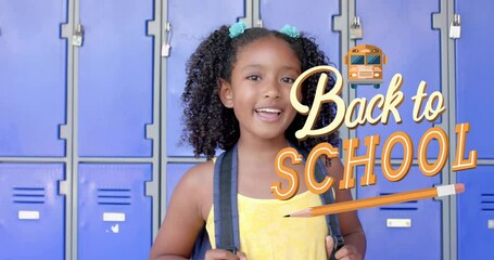 Sticker - Animation of back to school text over biracial schoolgirl smiling