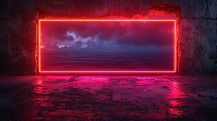 Wall Mural - A glowing red neon frame against a backdrop of a stormy sea, with a grunge stone wall and floor.