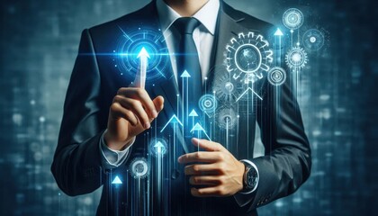 Wall Mural - businessman in formal attire, hand gesturing, futuristic holographic gears and upward arrows, technology interface, business innovations, financial growth concept, office professional, bluish lighting