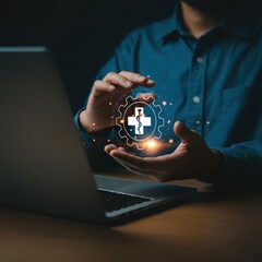 Wall Mural - A person wearing a blue shirt, laptop computer in front of them, hands holding a floating holographic gear icon with a medical cross symbol, digital healthcare technology concept, dark background with