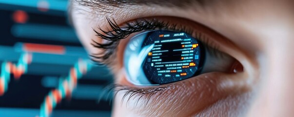 A close-up of an eye reflecting digital data and trends, symbolizing technology, vision, and innovation in a modern world.