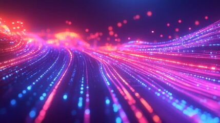 Poster - Colorful neon light trails in abstract digital landscape