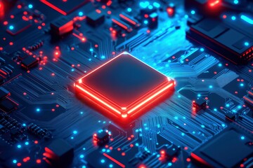 Brightly glowing AI chip on light circuit board on technology blue background. CPU processor or semiconductor on tech bg. Computer microchip on motherboard. with generative ai