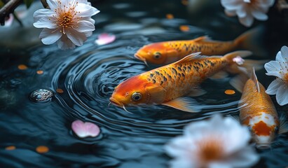 Wall Mural - Koi Fish and Cherry Blossoms in a Pond