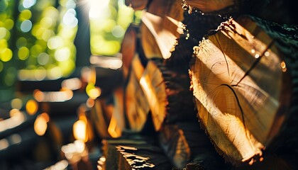 Sunlit logs surrounded by trees with a dreamy bokeh effect capturing the essence of natures beauty in a closeup shot