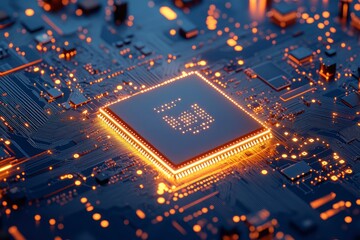 Brightly glowing AI chip on light circuit board on technology blue background. CPU processor or semiconductor on tech bg. Computer microchip on motherboard. with generative ai