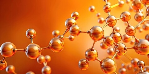 Minimalist orange background with molecules and balls in liquids