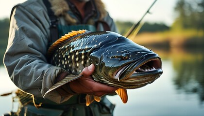 Fisherman proudly displaying a large catfish by a tranquil lake under soft natural light in a close-up view