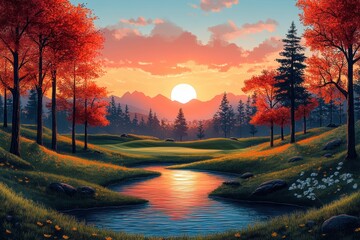 Wall Mural - Sunrise on Golf Course, Minimalist Painting with Bold Colors and Simple Shapes