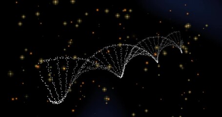 Wall Mural - animation of dna strands spinning and glowing spots of light over black background