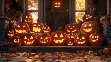 Wall Mural - A 3D-rendered pumpkin carving scene showcasing multiple jack-o'-lanterns with a variety of facial expressions, from happy to scary, arranged on a porch with a glowing autumn sunset backdrop.