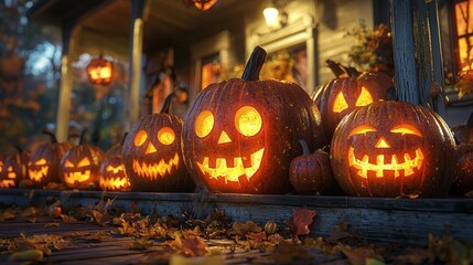 Wall Mural - A 3D-rendered pumpkin carving scene showcasing multiple jack-o'-lanterns with a variety of facial expressions, from happy to scary, arranged on a porch with a glowing autumn sunset backdrop.